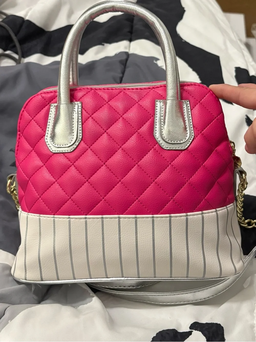 Betsey Johnson Hot Pink Quilted Satchel Cupcake Charm Silver Handless NWOT
